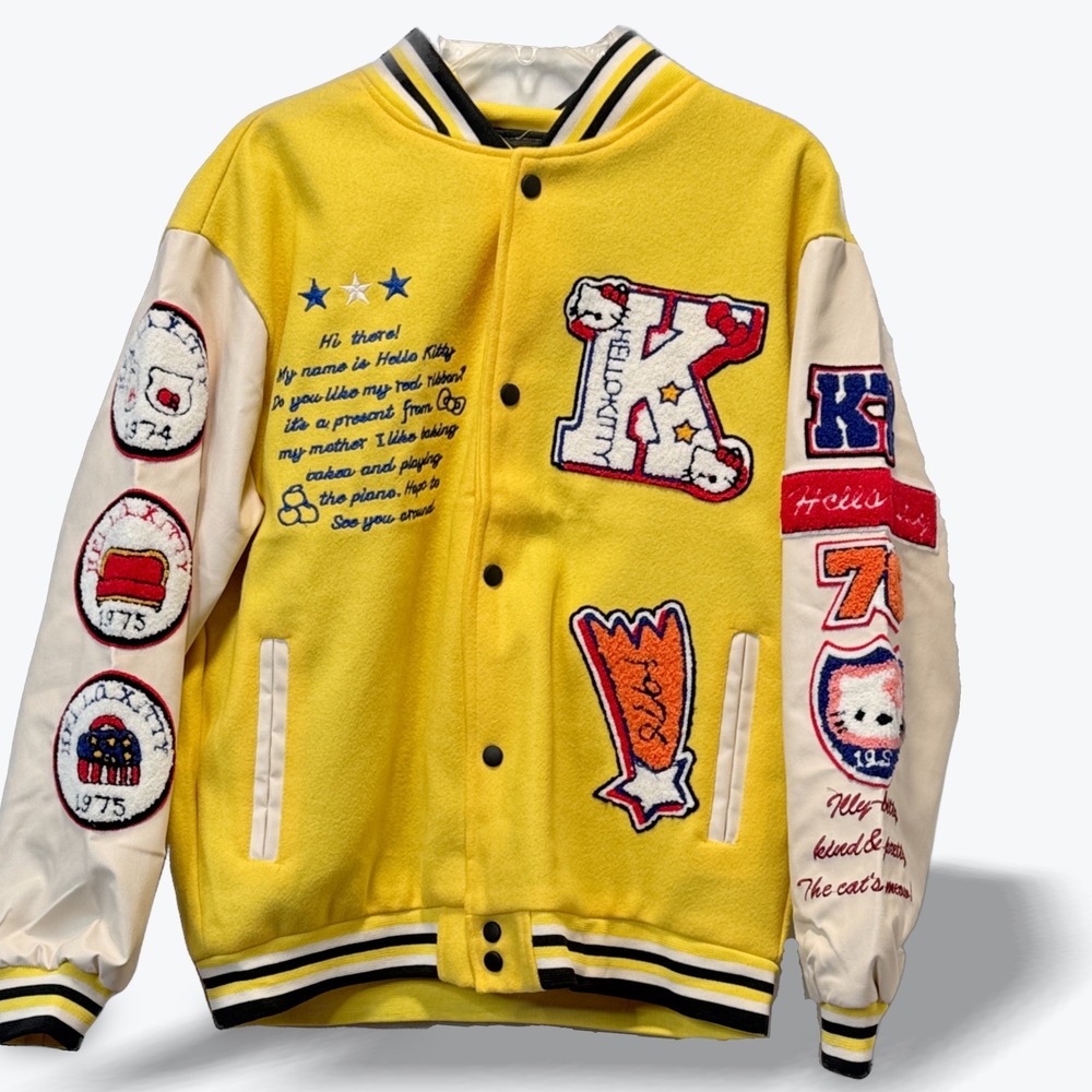Hello Kitty Varsity Jacket Senior Year Trend Yellow Letterman School Coat Large